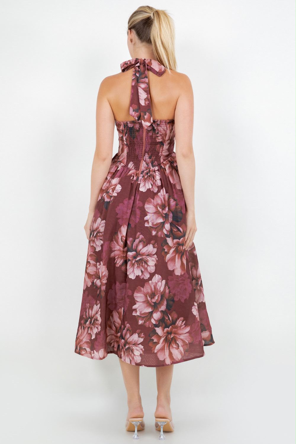 Bordeaux Bloom Halter Midi Dress