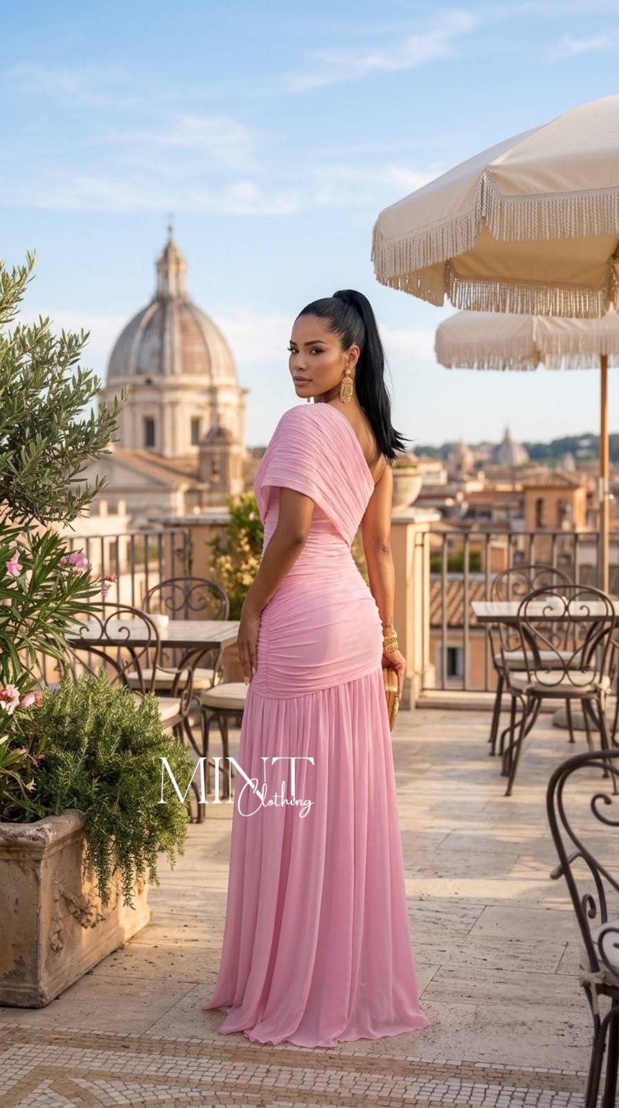 Rosé Draped One-Shoulder Gown