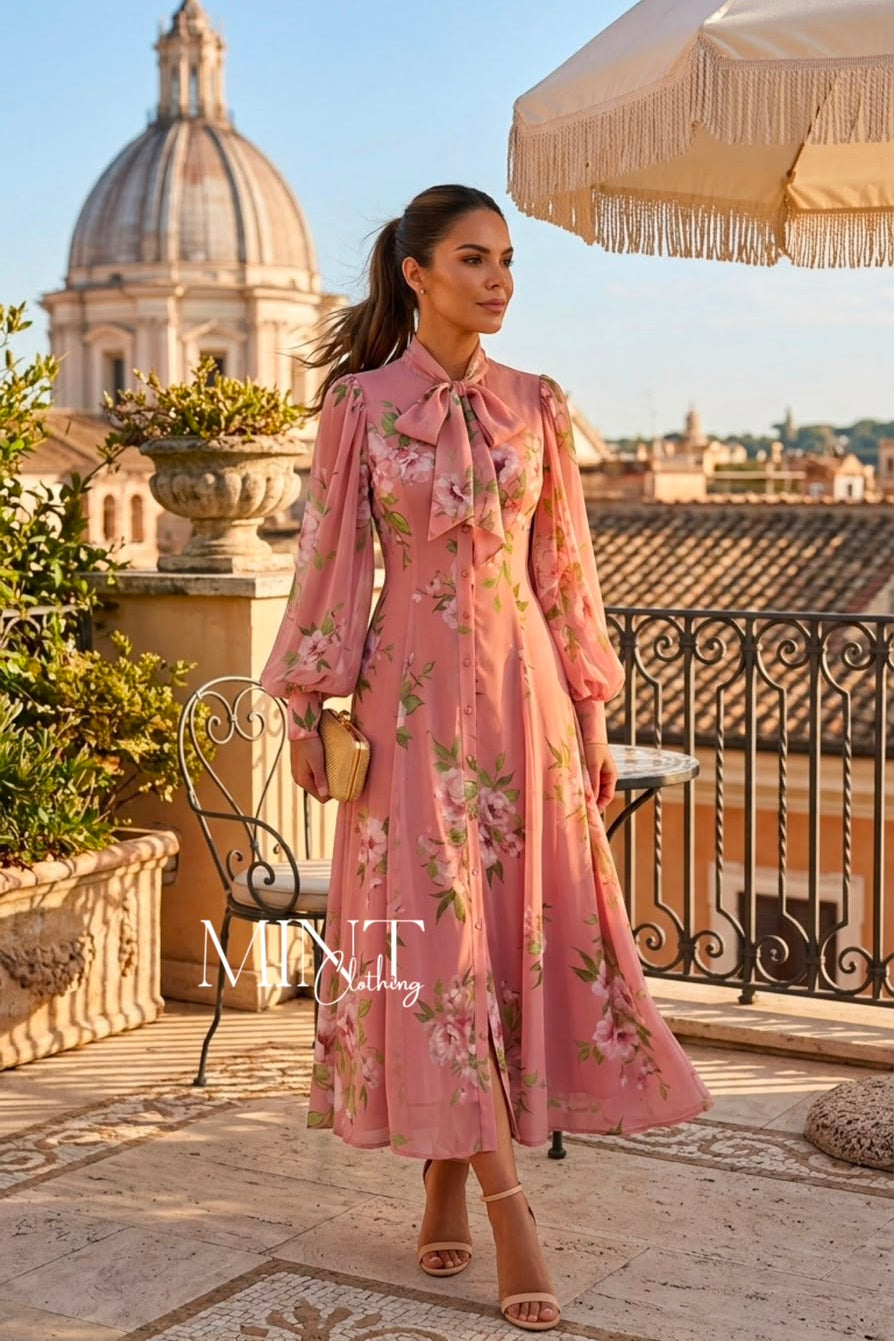 Rosé Camellia Bow Midi Dress