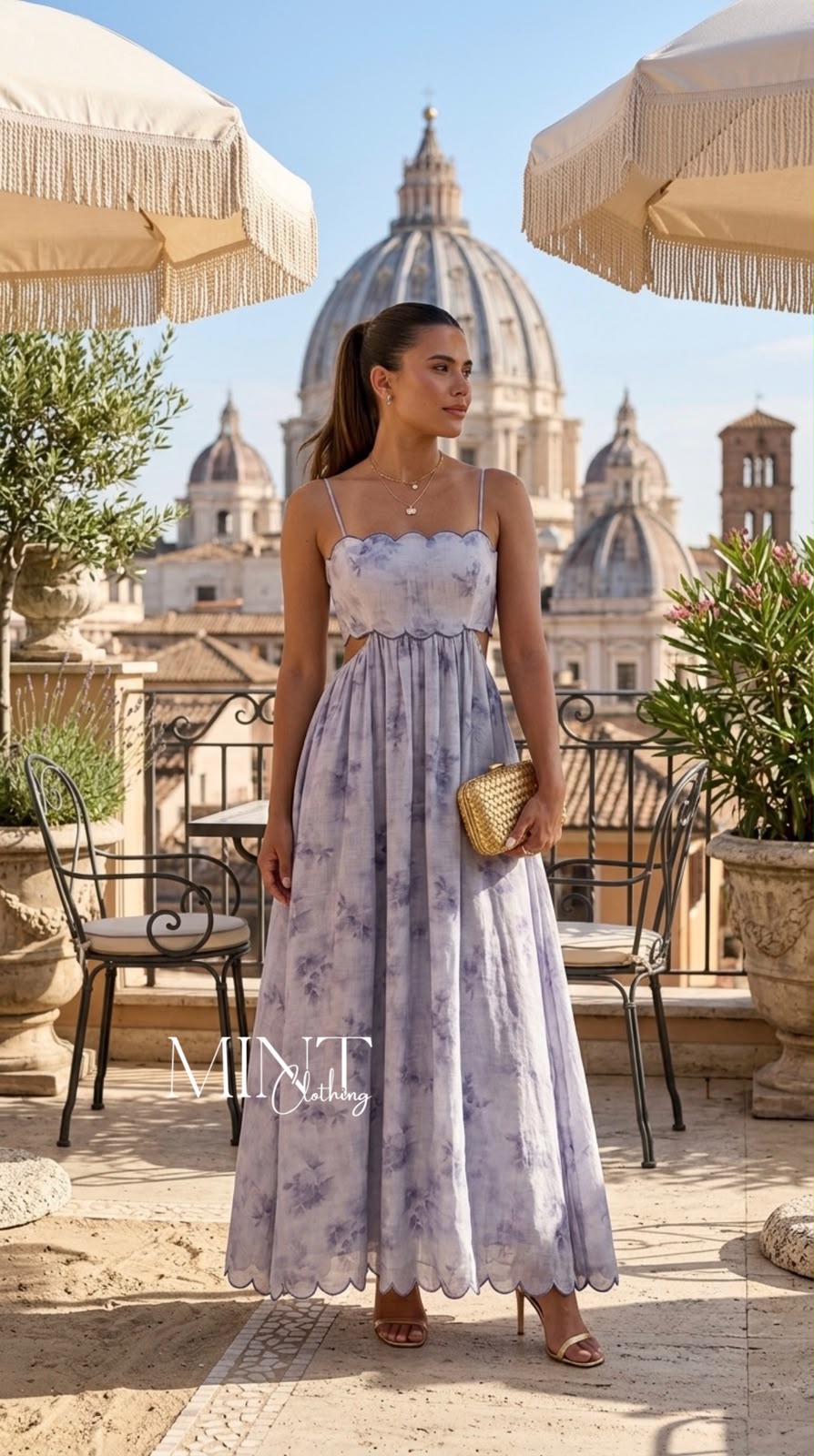 Blue Faded Floral Scallop Edge Cutout Midi Dress