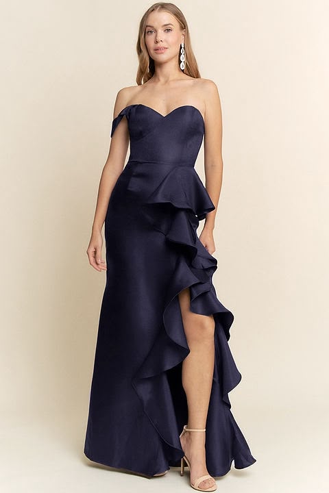 Navy Blue Strapless Ruffle Satin Gown