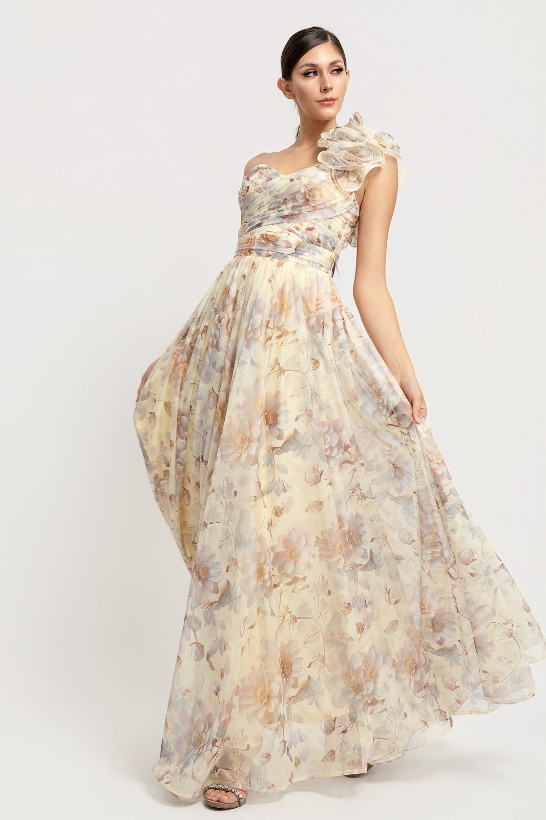 Shoulder Ruffle Back Lace Up Corset Floral Dress