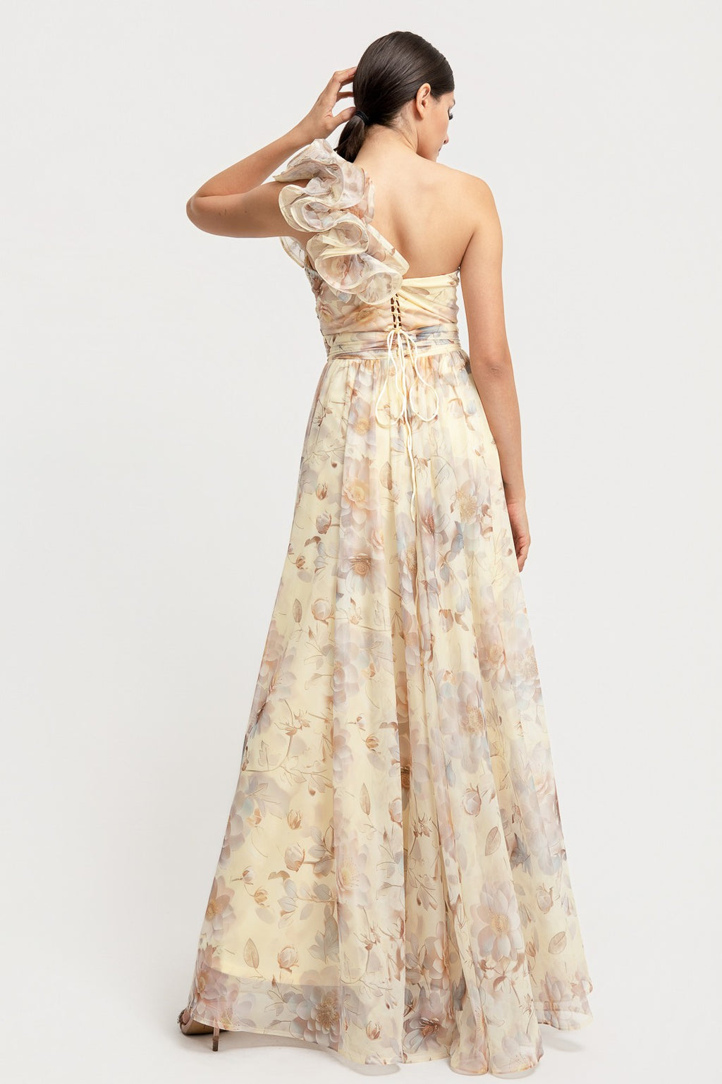 Shoulder Ruffle Back Lace Up Corset Floral Dress