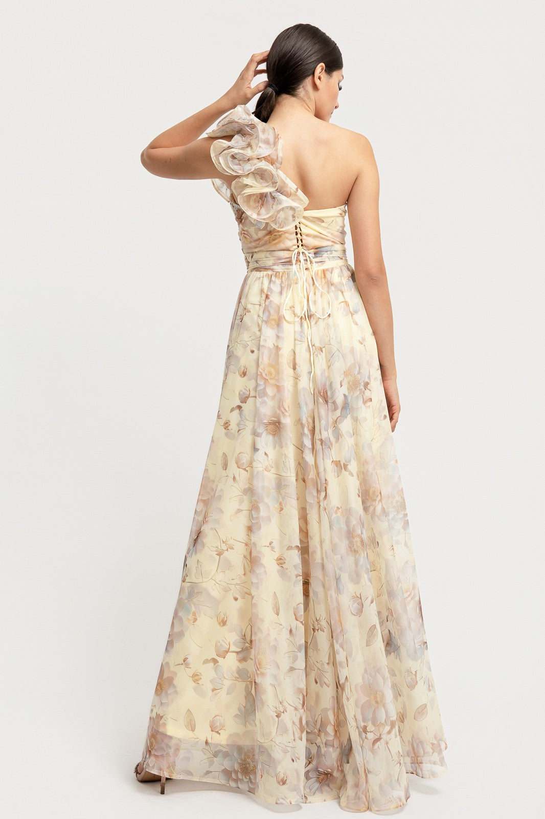 Shoulder Ruffle Back Lace Up Corset Floral Dress