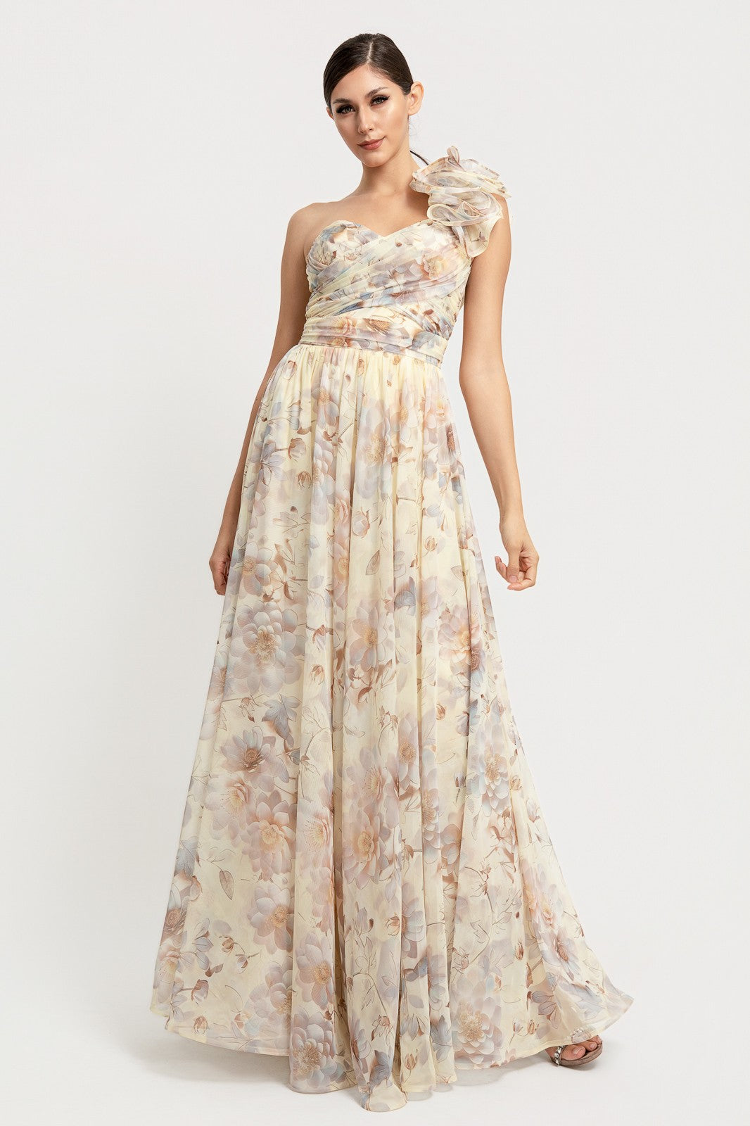 Shoulder Ruffle Back Lace Up Corset Floral Dress