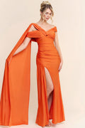 Off Shoulder Draped Shirring Slit Side Maxi Dress