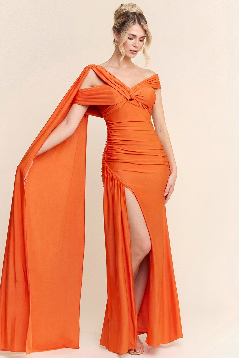 Off Shoulder Draped Shirring Slit Side Maxi Dress