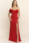 Liquid Satin Off Shoulder Detail Slit Maxi Dress