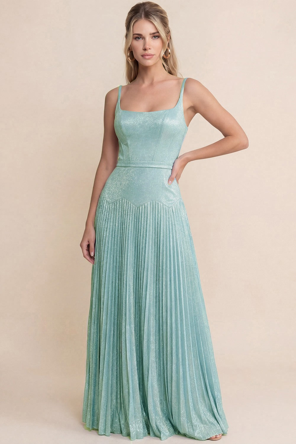 Sleeveless Pleated Glitter Maxi Dress