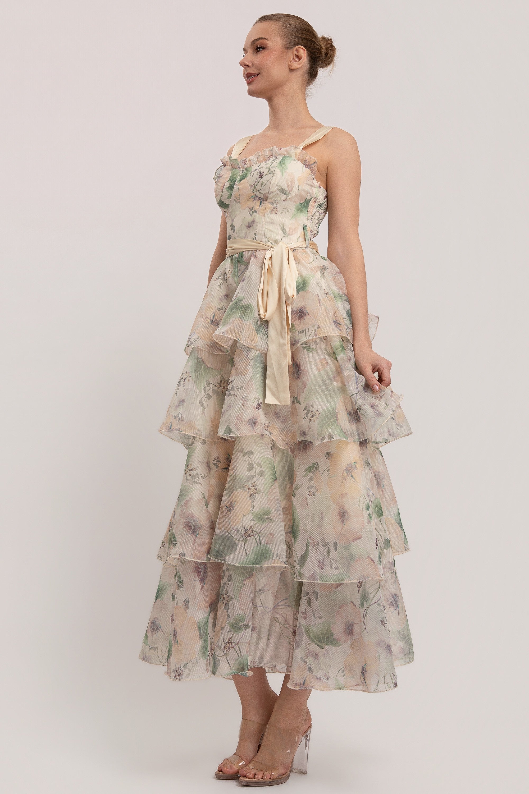 Flower Print Shoulder Strap Tiered Ruffle Maxi Dress