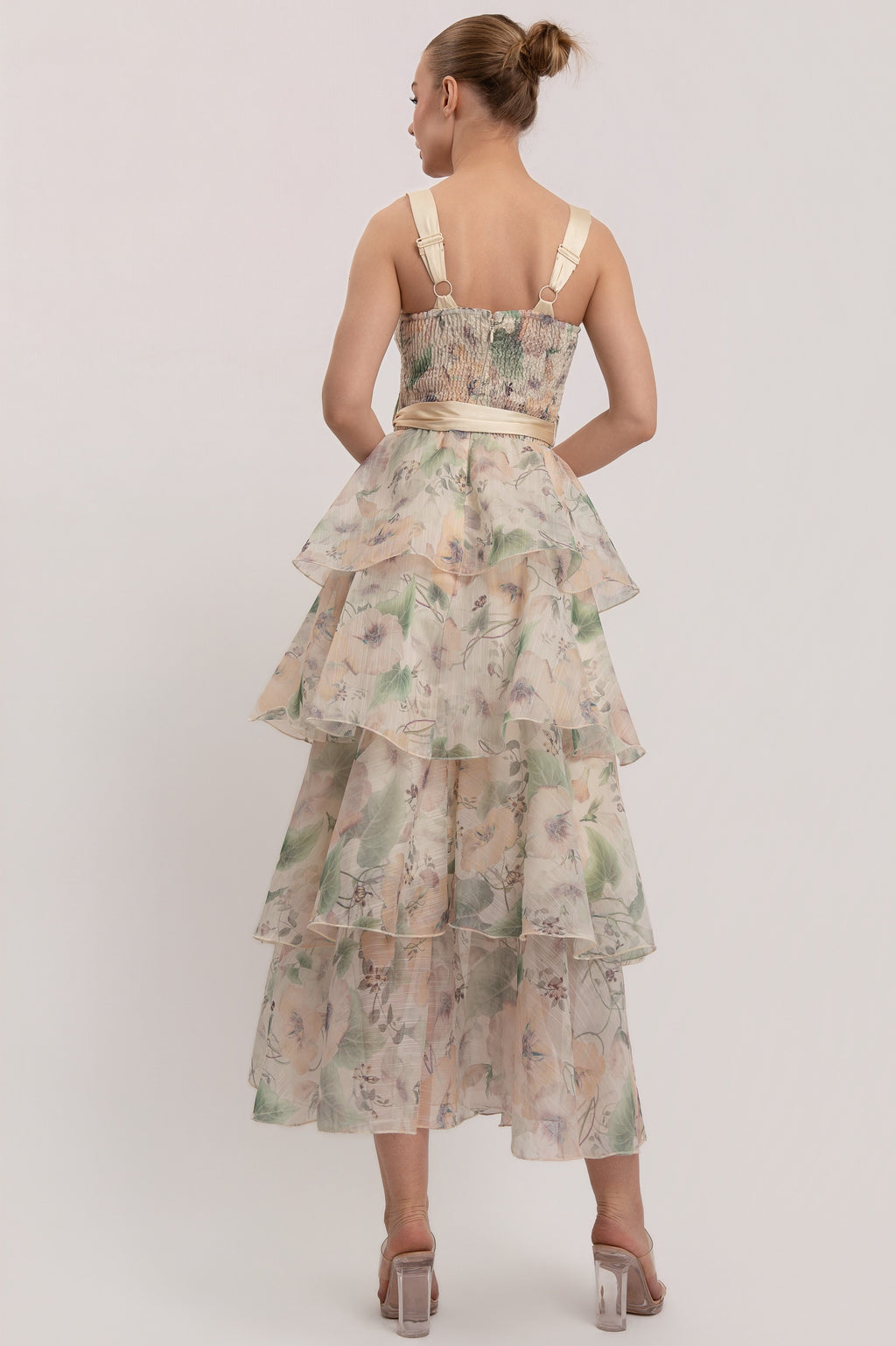 Flower Print Shoulder Strap Tiered Ruffle Maxi Dress