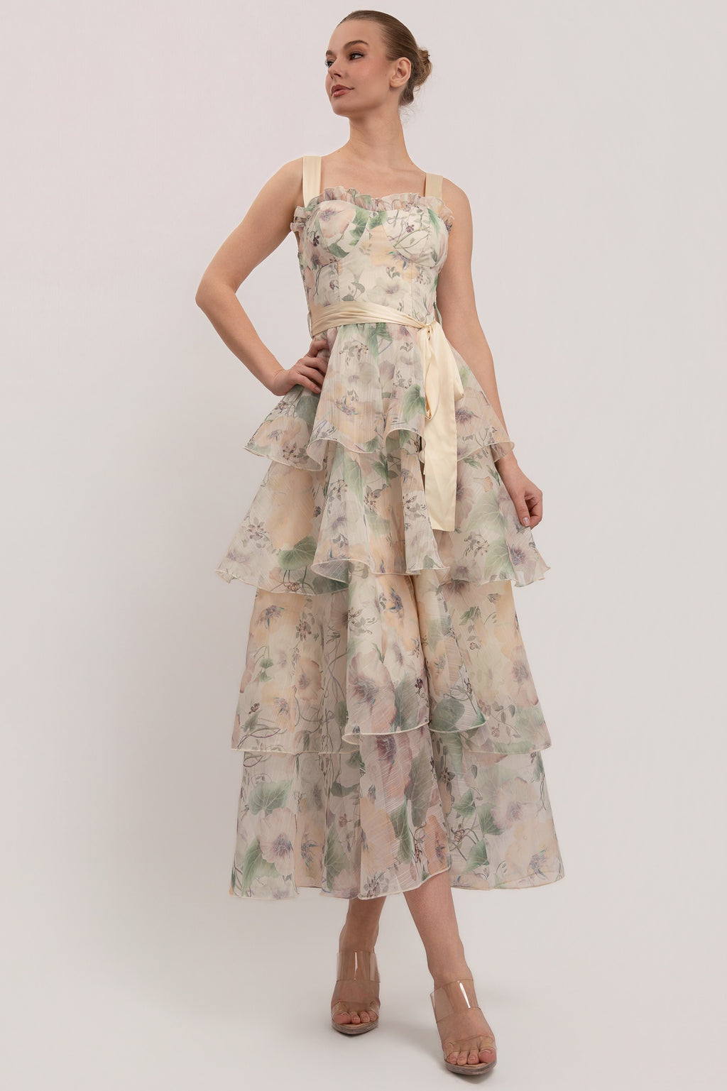 Flower Print Shoulder Strap Tiered Ruffle Maxi Dress