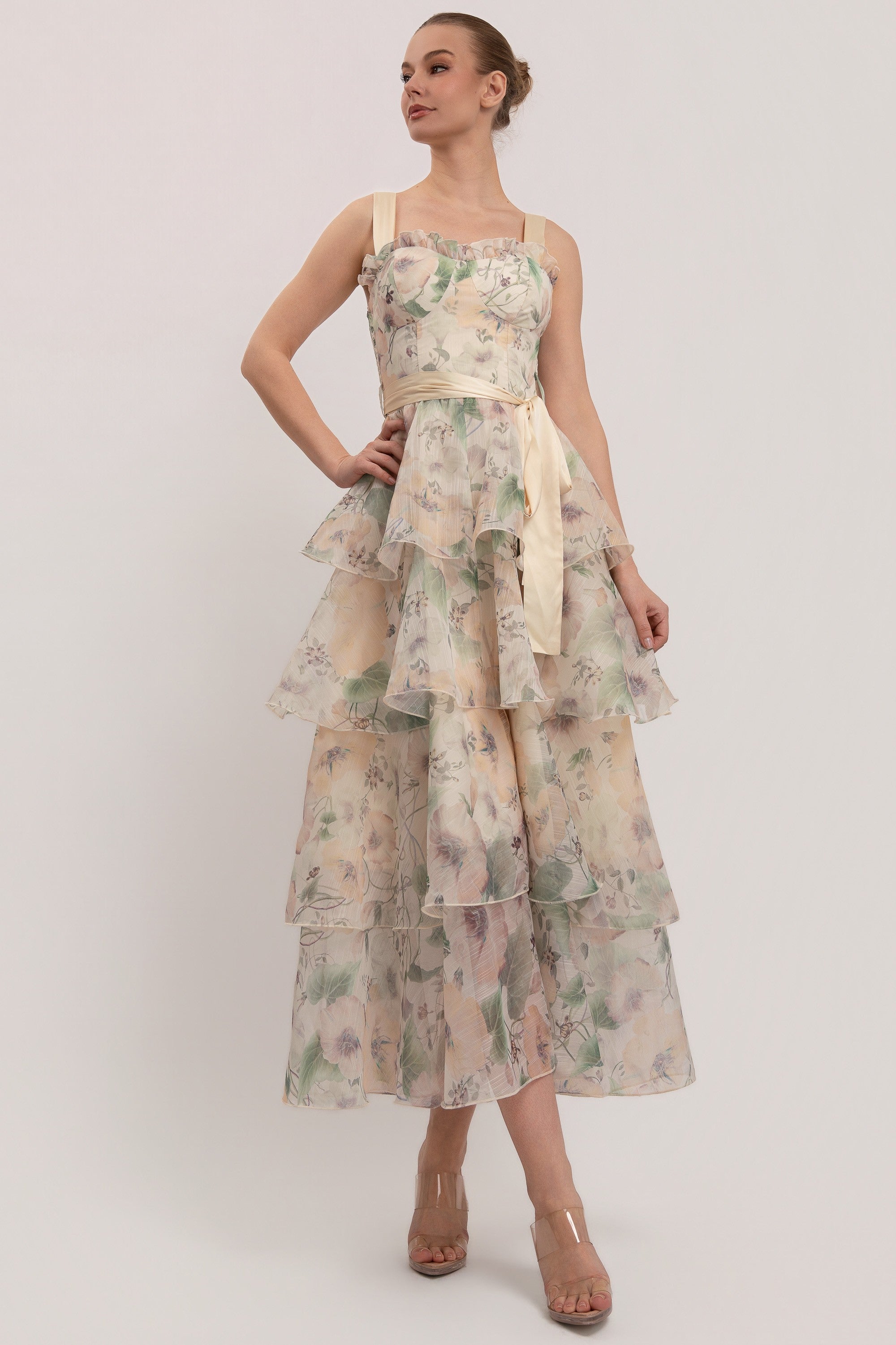 Flower Print Shoulder Strap Tiered Ruffle Maxi Dress