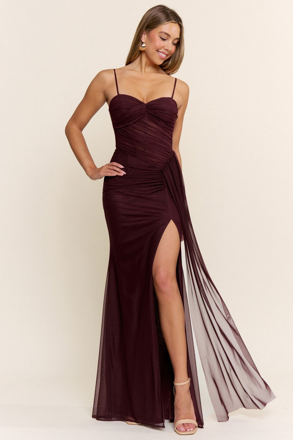 Wine Ruched Mermaid Maxi Dress