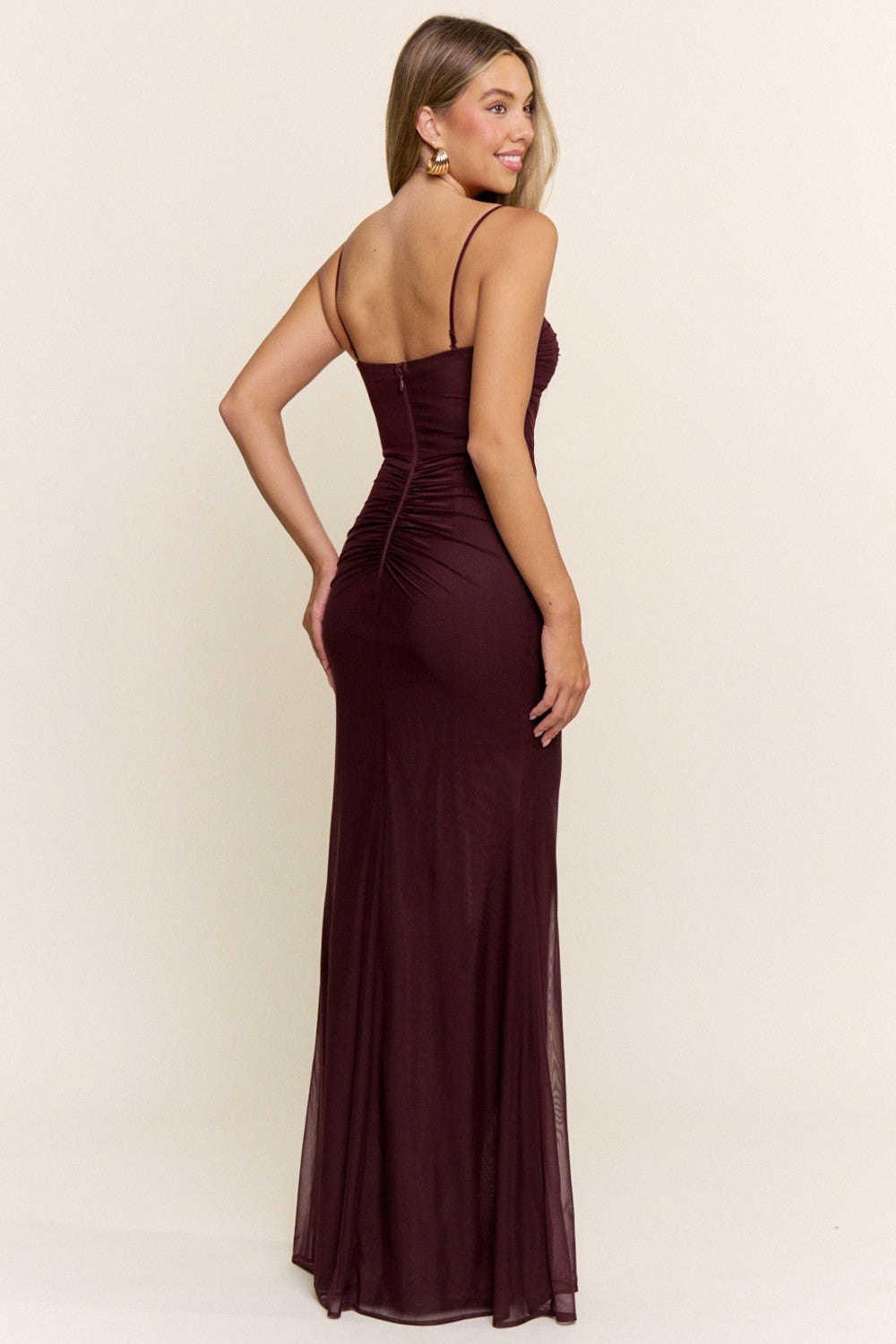 Wine Ruched Mermaid Maxi Dress