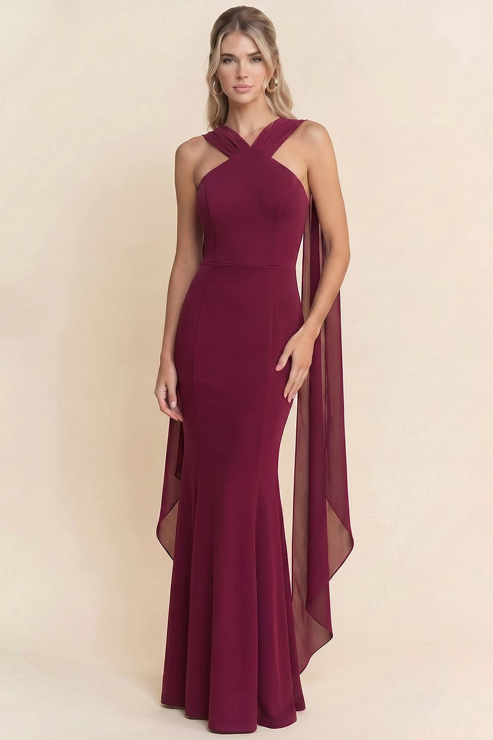 Plum Elegance Cross-Neck Mermaid Gown