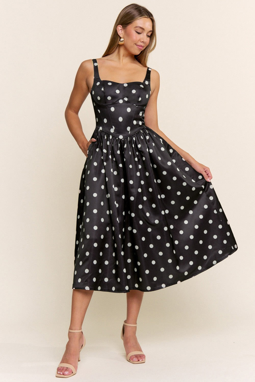 Elastic Back Polka Dot Midi Dress