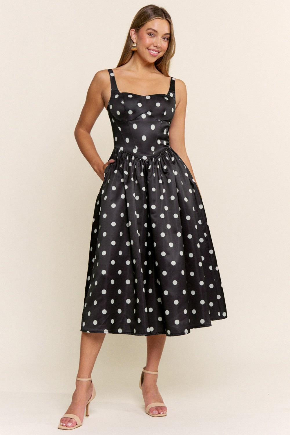 Elastic Back Polka Dot Midi Dress