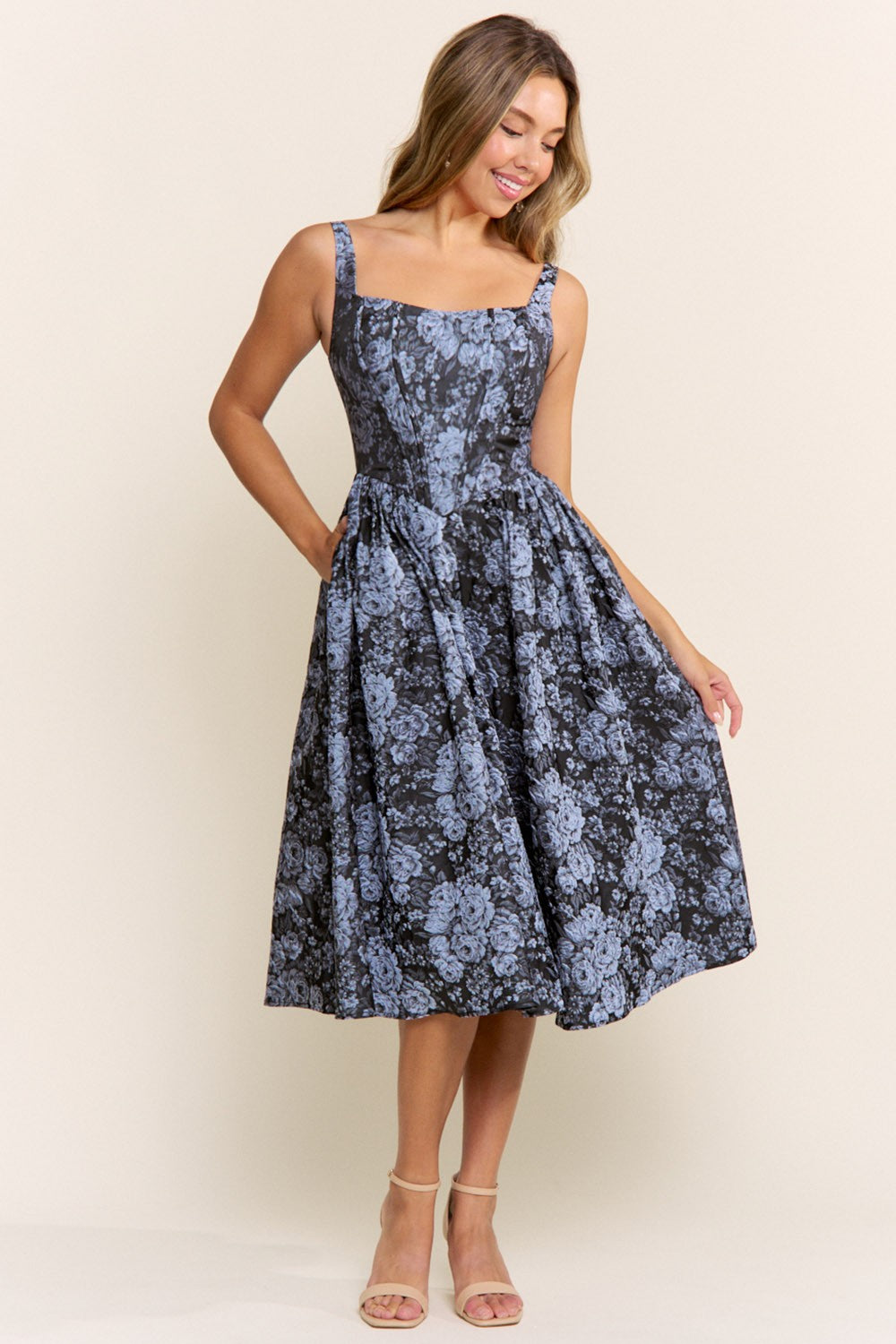 Floral Jacquard Midi Dress With Pockets