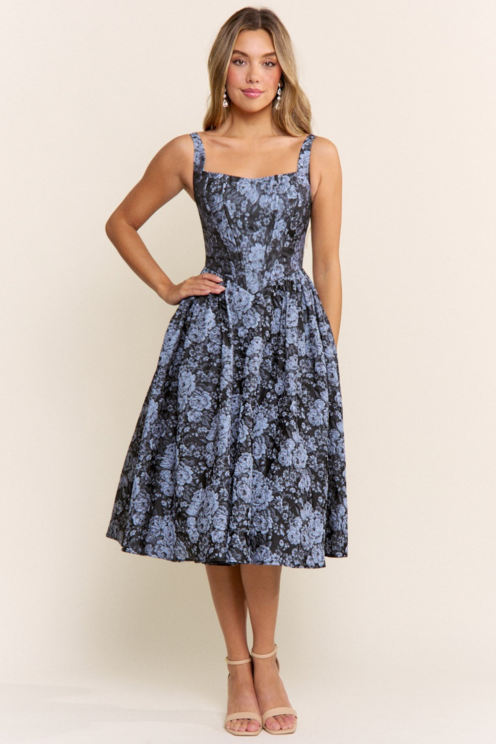 Floral Jacquard Midi Dress With Pockets