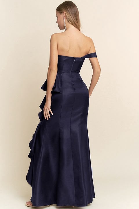 Navy Blue Strapless Ruffle Satin Gown