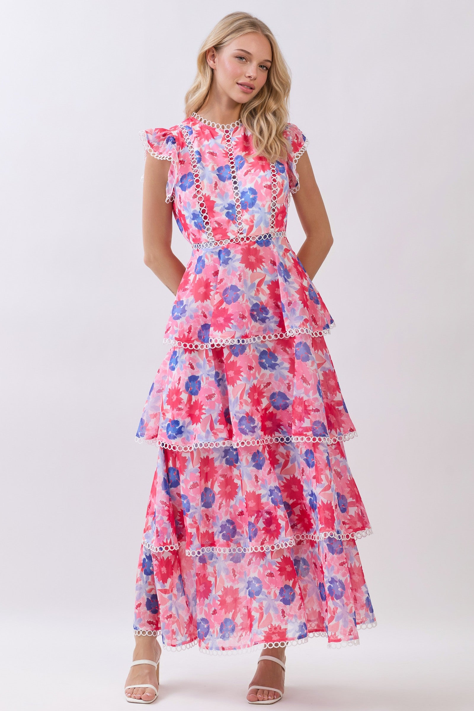 Trim Detail Tiered Print Dress
