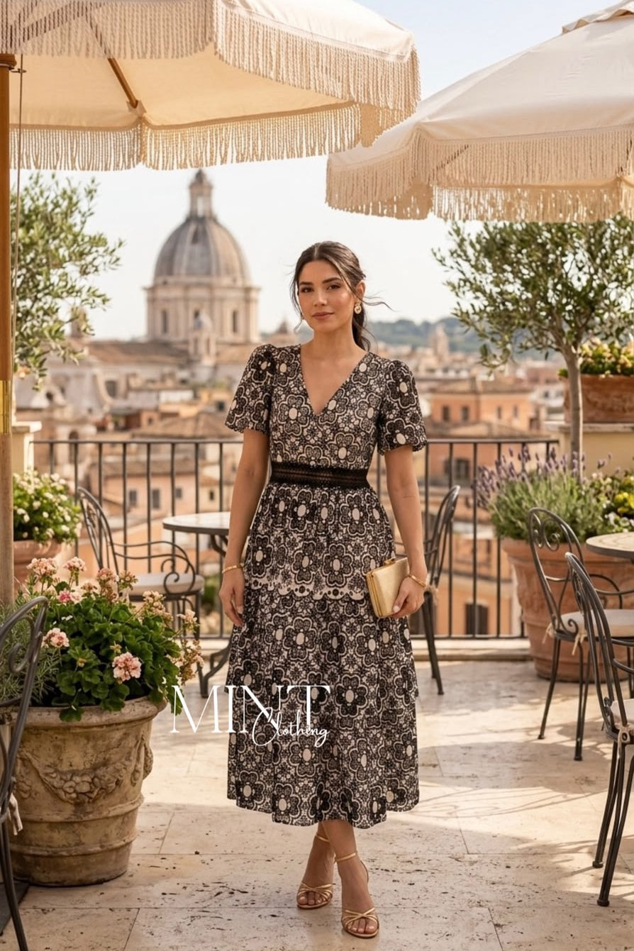Black & White Embroided Midi Dress