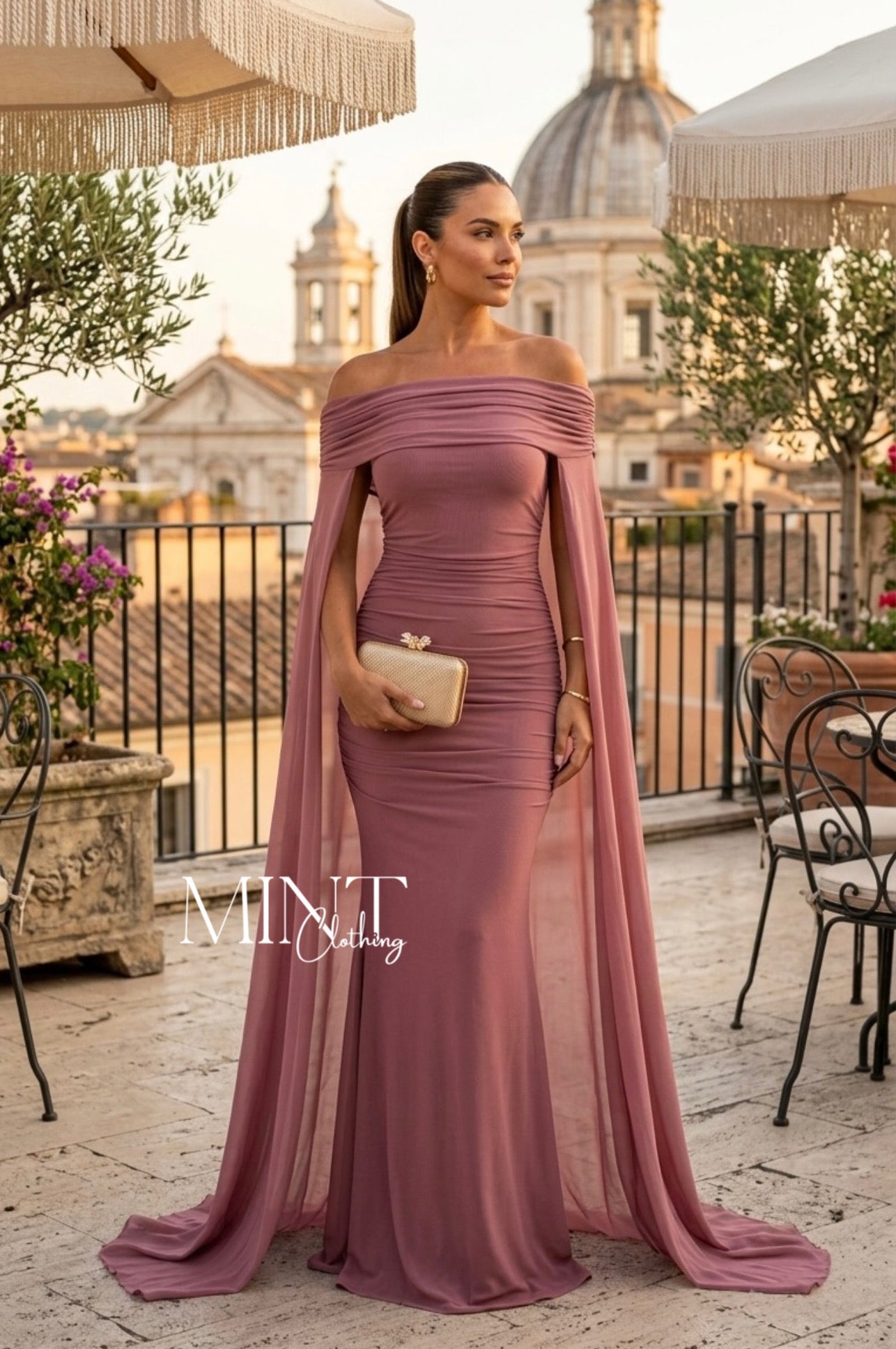 Rosé Draped Cape Gown
