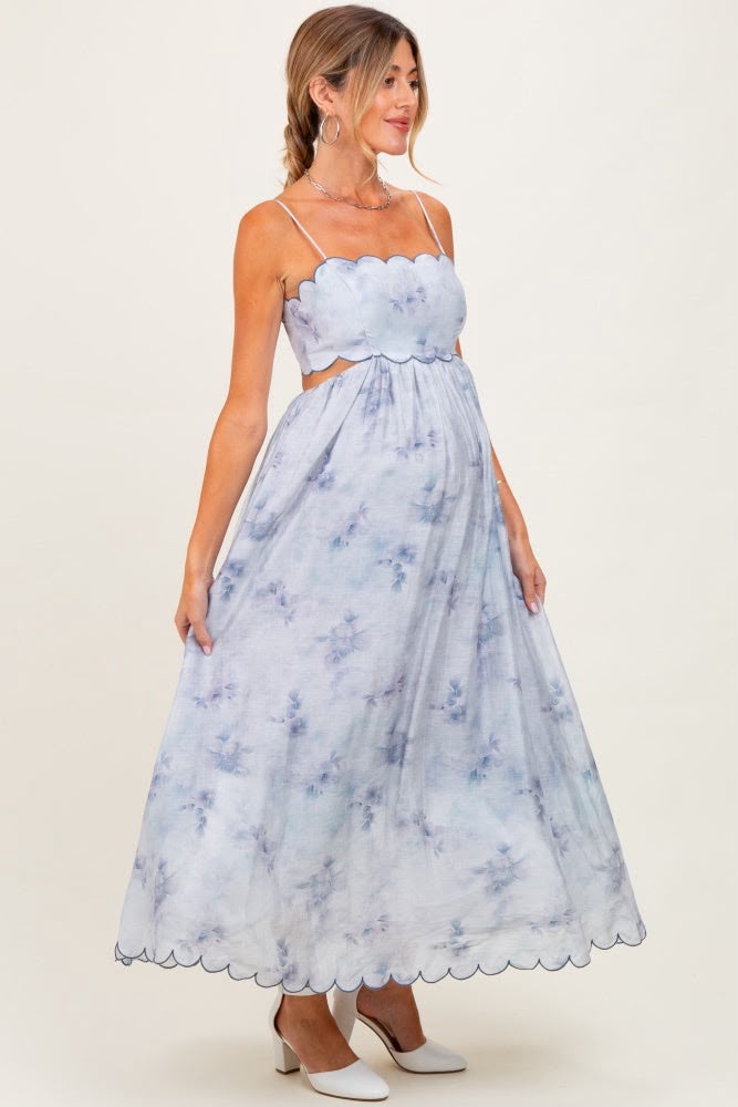 Blue Faded Floral Scallop Edge Cutout Midi Dress