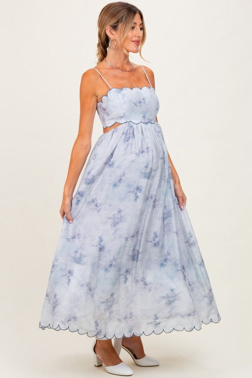 Blue Faded Floral Scallop Edge Cutout Midi Dress