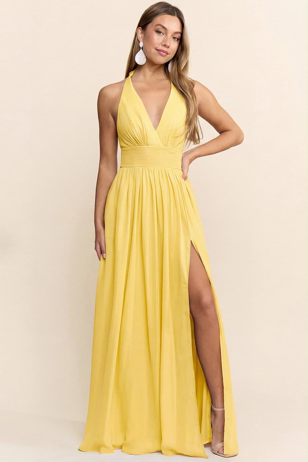 Halter Neck Pleated Waist Slit Chiffon Maxi Dress