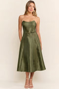 Olive Satin Midi Dress