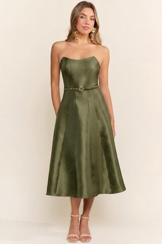 Olive Satin Midi Dress