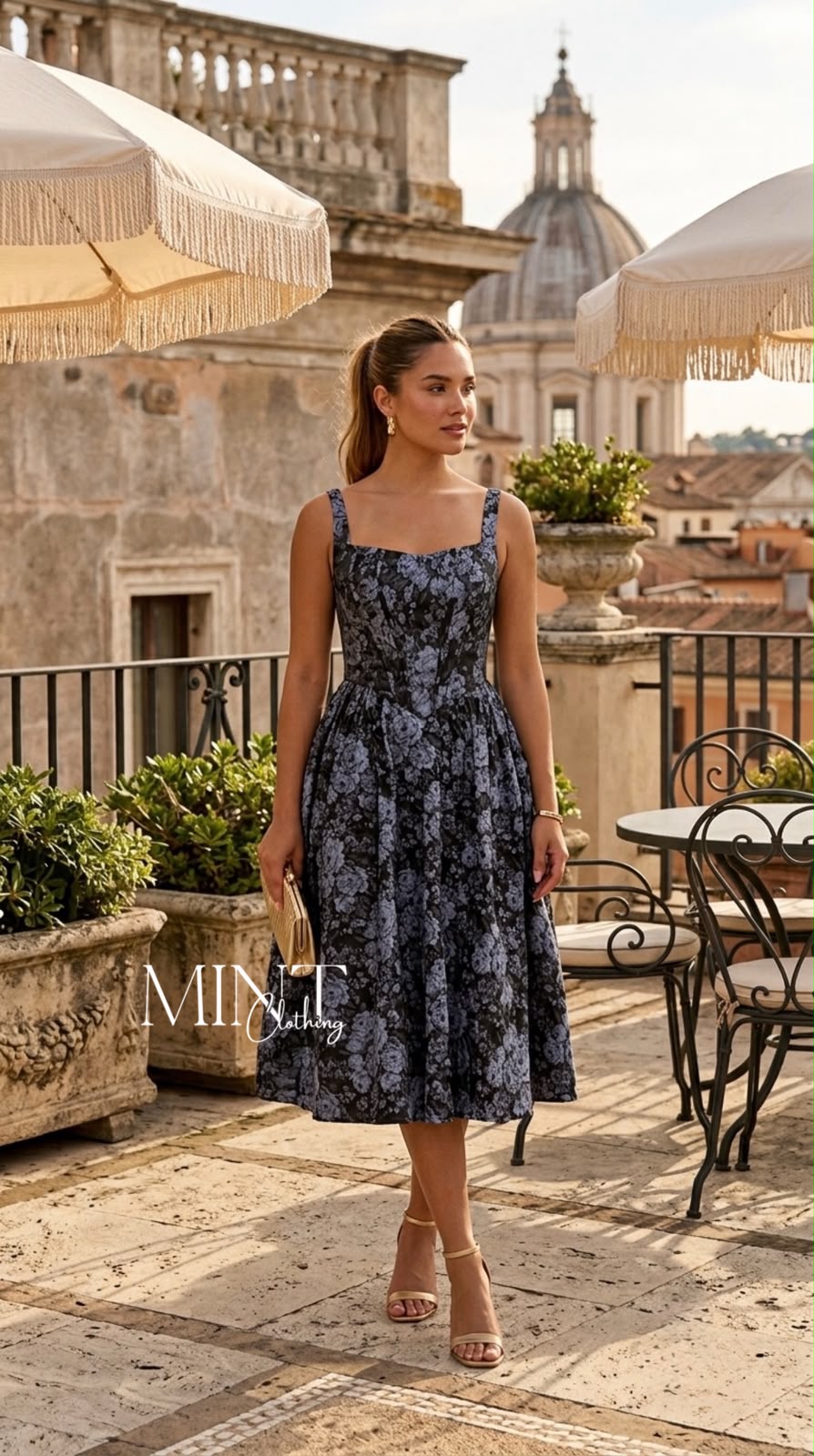 Floral Jacquard Midi Dress With Pockets