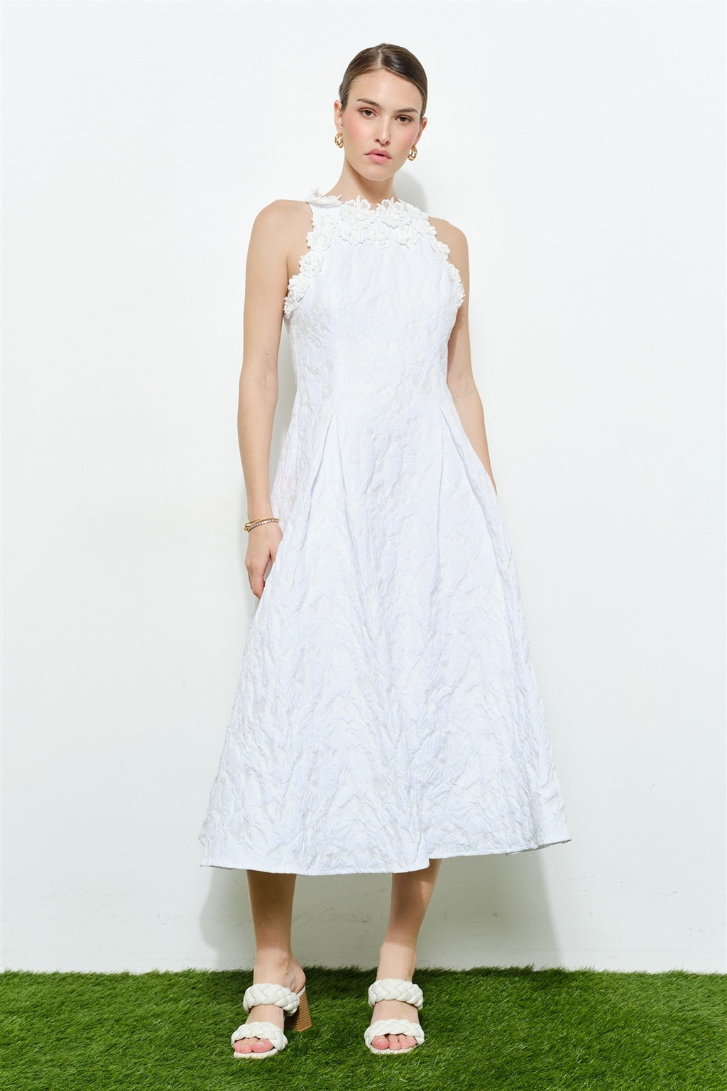 Romantic Floral 3d Flower Halter Midi Dress