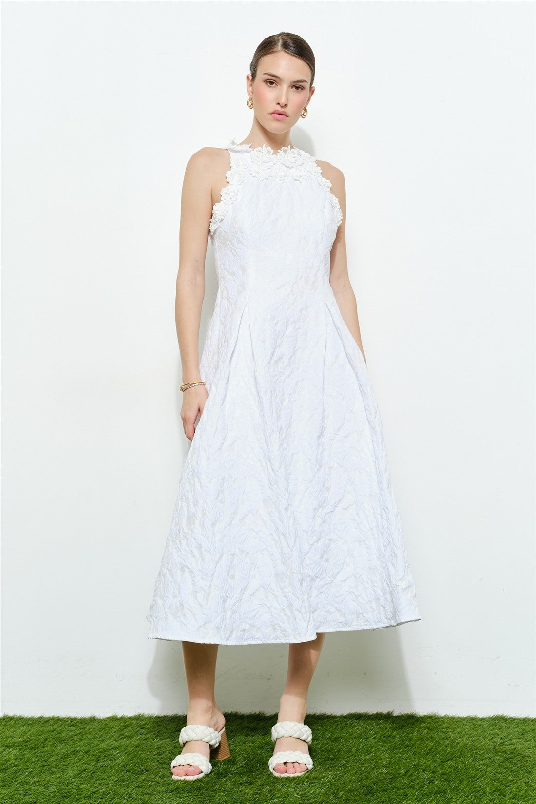 Romantic Floral 3d Flower Halter Midi Dress