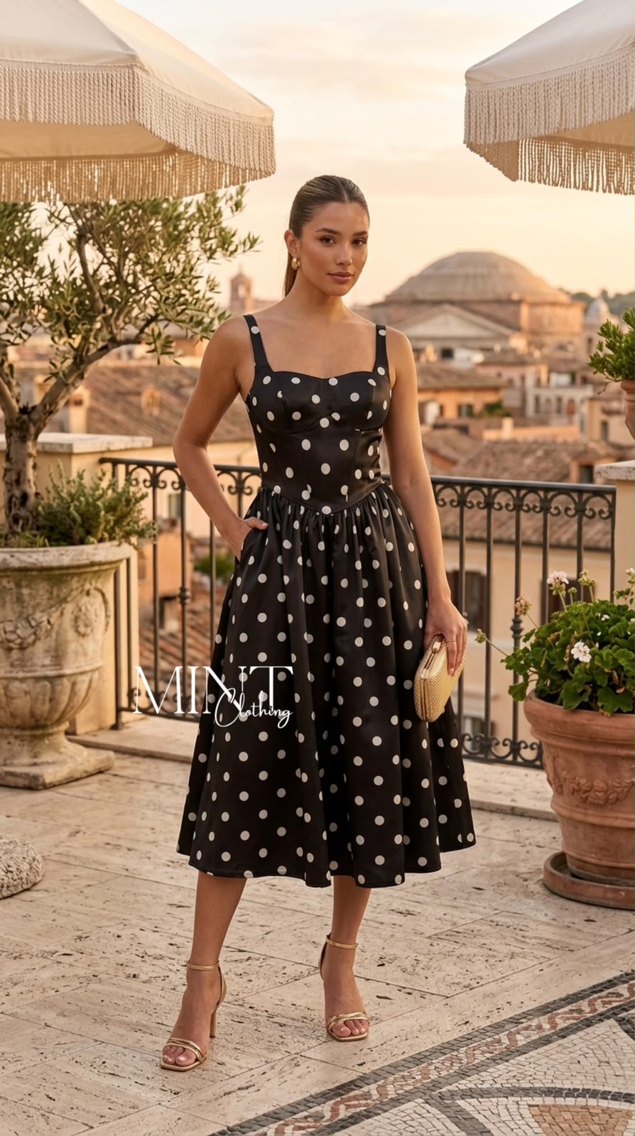 Elastic Back Polka Dot Midi Dress