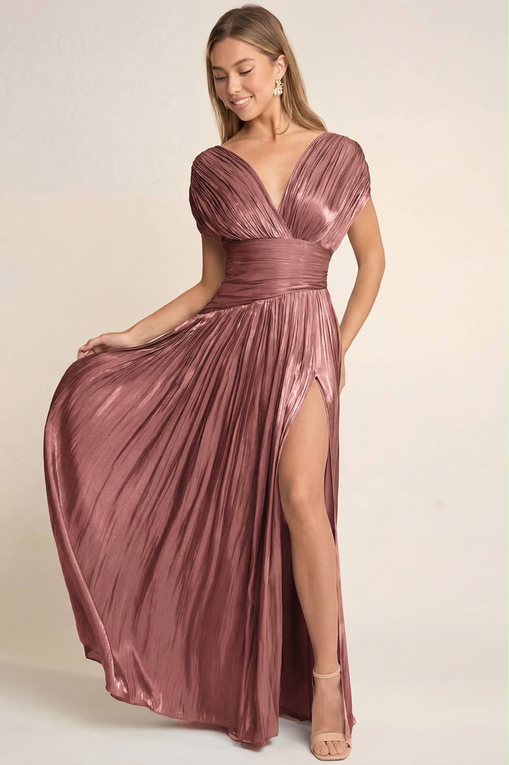 V-Neckline With Cap Sleeves Maxi Dress