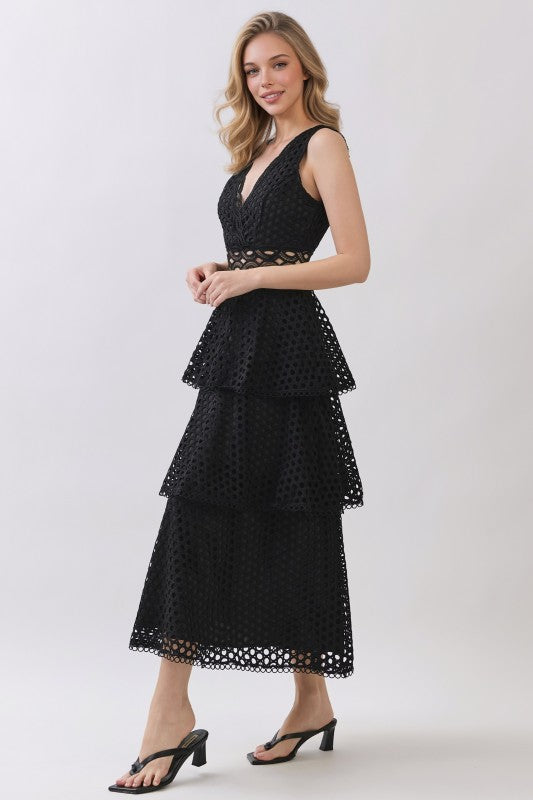 Bernice Black Lace Tiered Midi Dress
