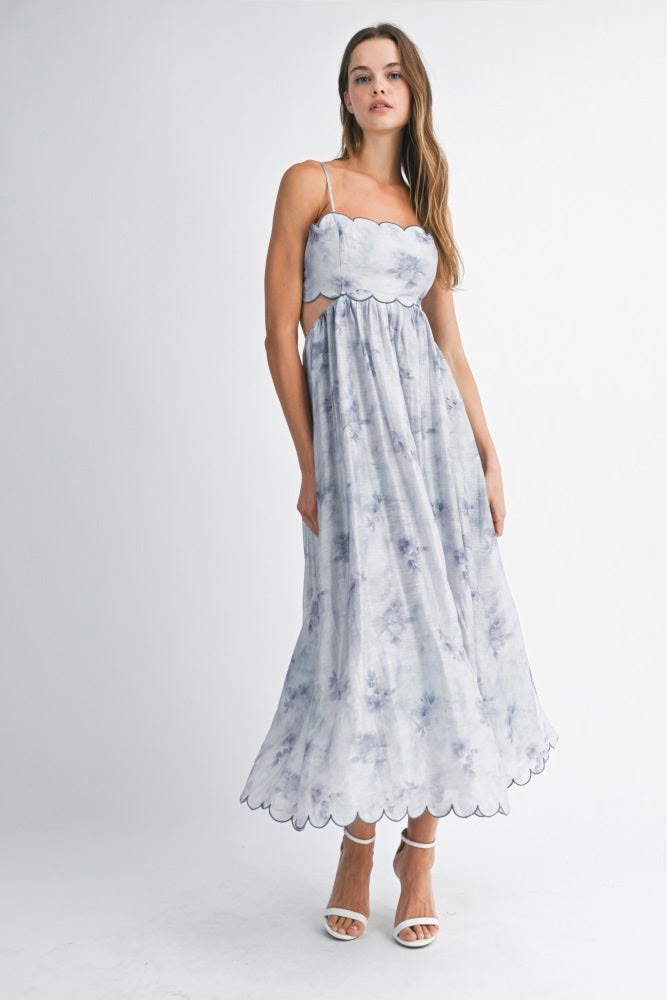 Blue Faded Floral Scallop Edge Cutout Midi Dress
