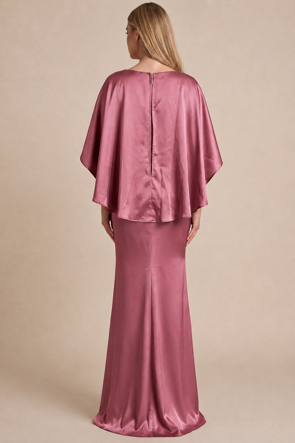 Deep V Neck Cape Sleeves Satin Maxi Dress With Back Zipper