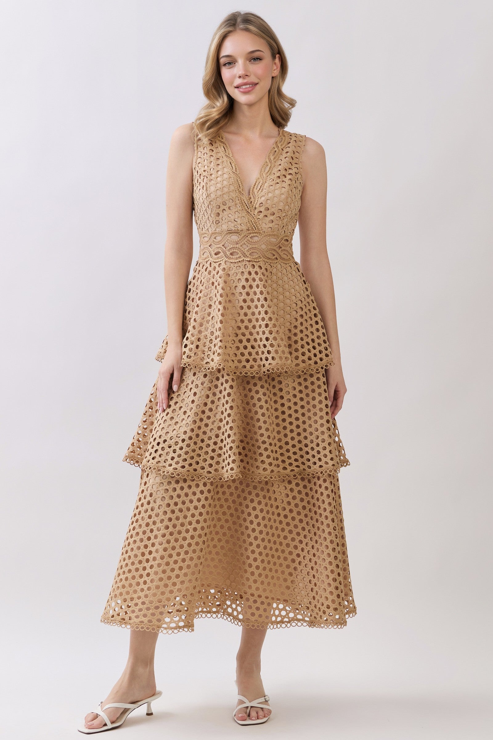 Taupe Crochet Tiered Layers Midi Dress