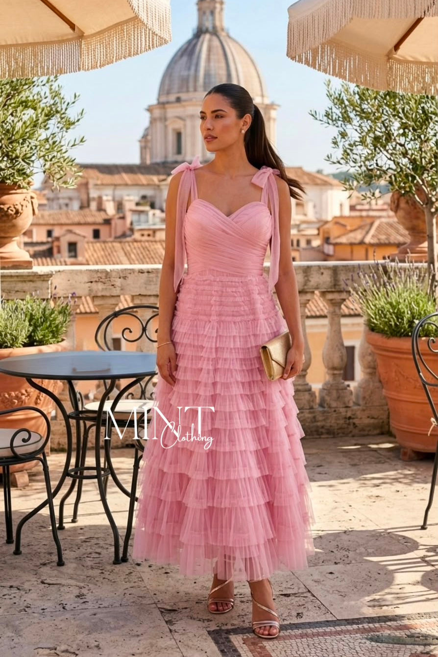 Rosé Belle Tiered Tulle Midi Dress