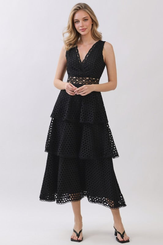 Bernice Black Lace Tiered Midi Dress