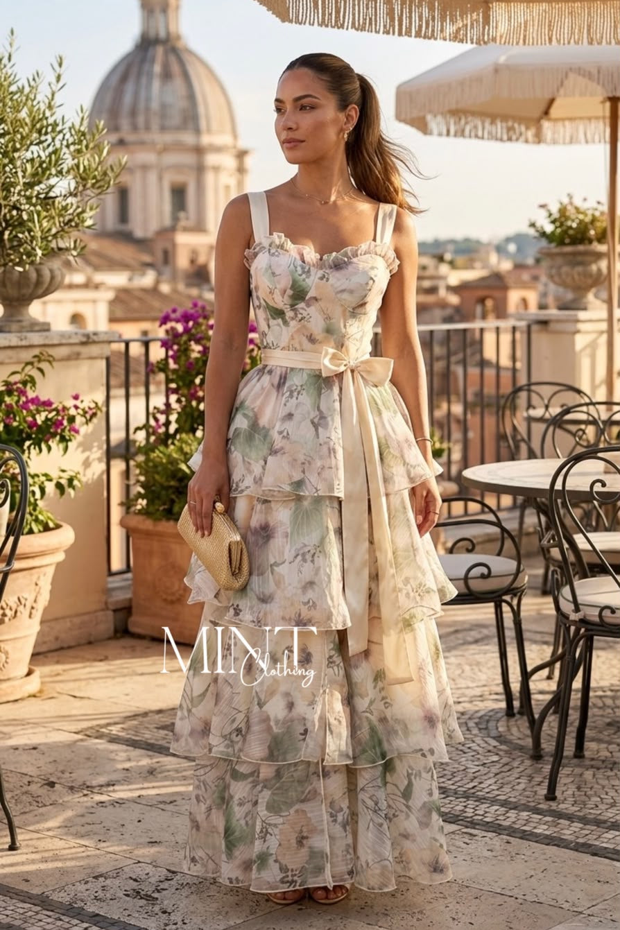 Flower Print Shoulder Strap Tiered Ruffle Maxi Dress