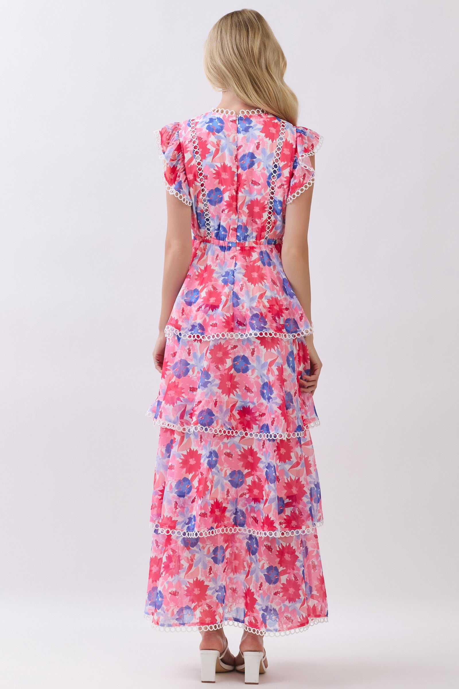 Trim Detail Tiered Print Dress
