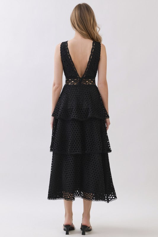 Bernice Black Lace Tiered Midi Dress