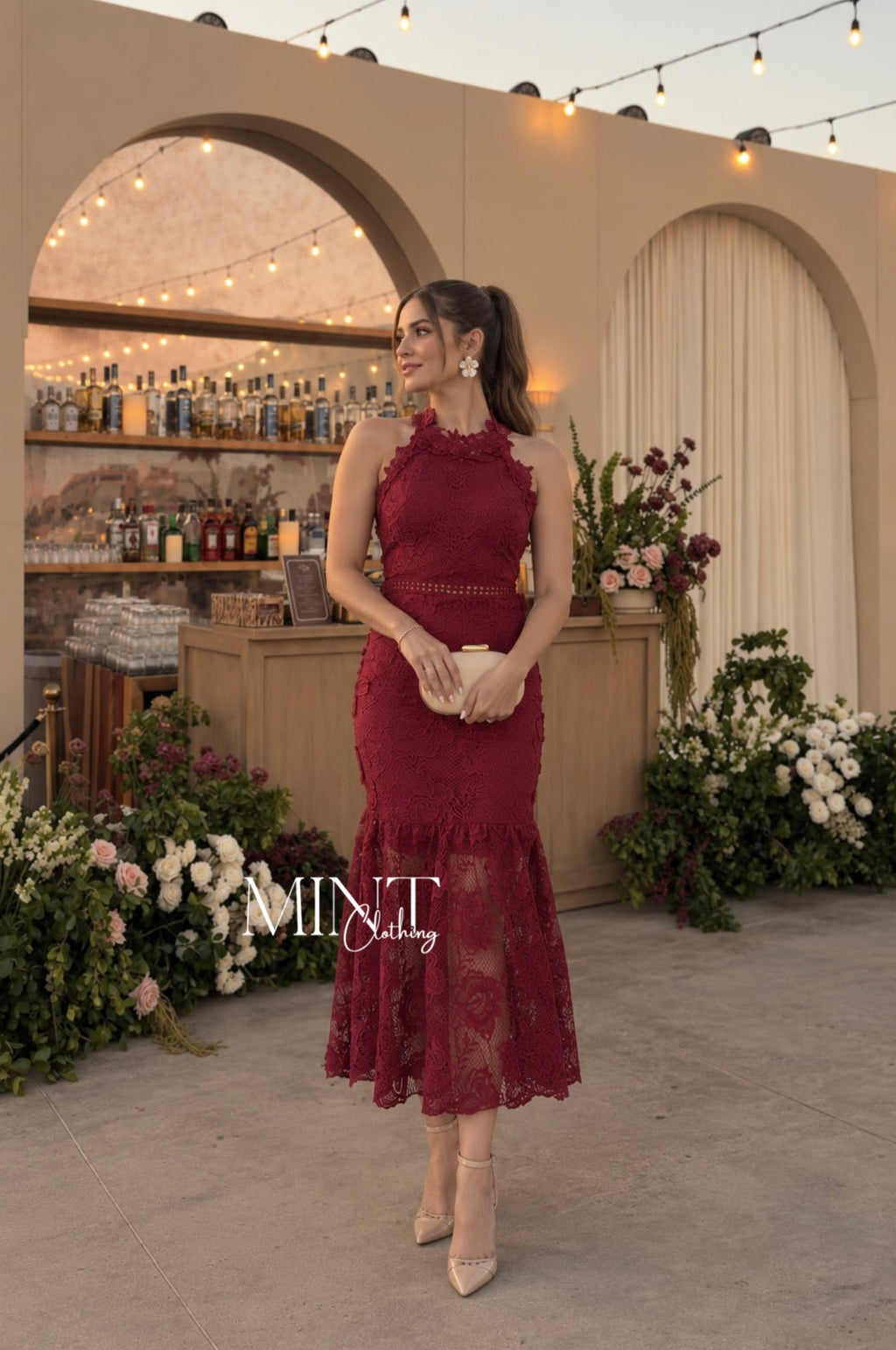 Burgundy Lace Midi Dress