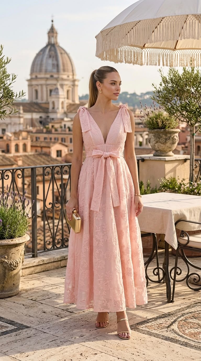 Blush Lace Bow Midi Dress
