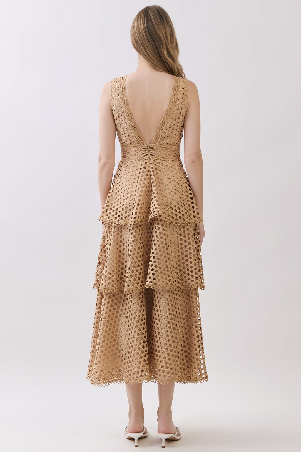 Taupe Crochet Tiered Layers Midi Dress
